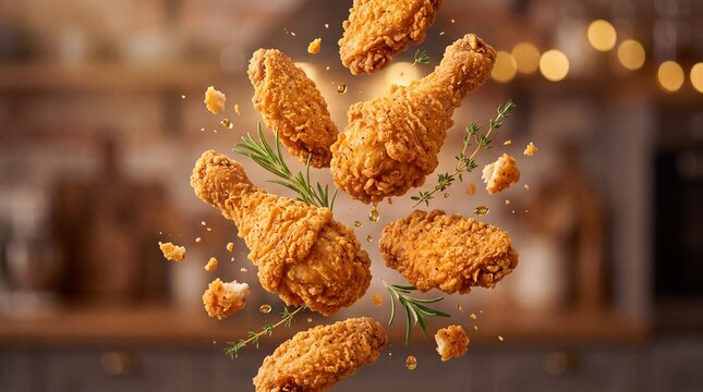 Crispy fried chicken drumsticks levitating with rosemary, golden breaded chicken pieces flying in air, fast food advertising photography with bokeh background