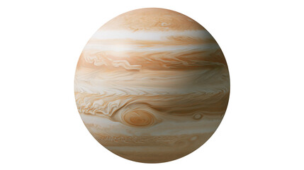 Jupiter planet with swirling orange and white cloud bands, isolated on transparent background © Emilia
