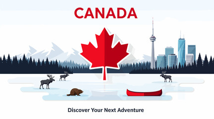 Obraz premium Canada Adventure: Maple Leaf, Wildlife, Cityscape, Canoe, Mountains
