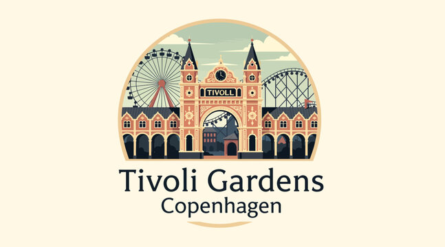 Tivoli Gardens Copenhagen Entrance with Ferris Wheel and Roller Coaster
