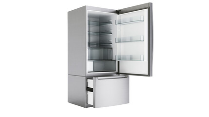 Modern stainless steel refrigerator with open door and drawers, isolated on transparent background