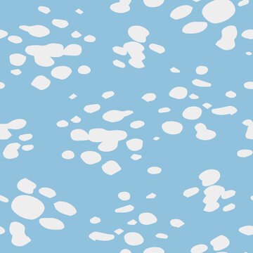 Seamless pastel blue pattern with scattered white organic spots. Modern abstract texture ideal for textiles, nursery decor, wallpaper, packaging, branding, and fabric prints