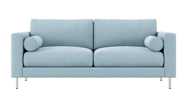 Light blue fabric sofa with cylindrical armrests, isolated on transparent background