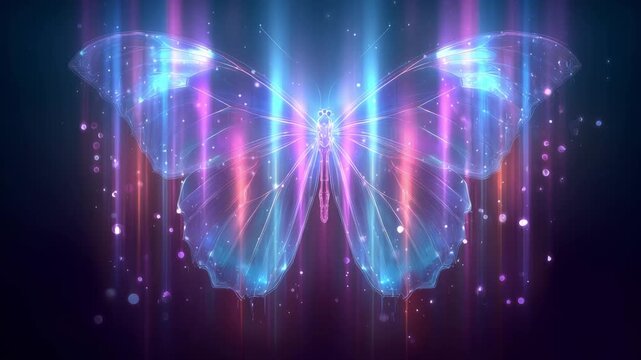 A butterfly appears with glowing wings while colorful lights move in the background creating a bright display