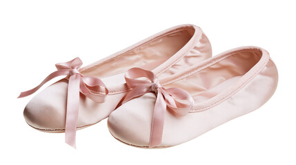 Delicate pink satin ballet slippers with satin bows, isolated on transparent background © Emilia