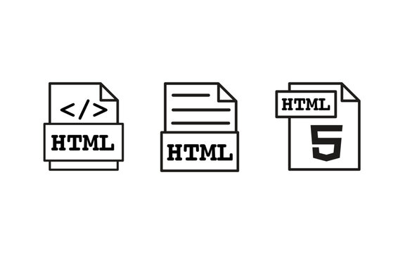 HTML file outline icon set in minimal line art style. Web development document symbols for coding, markup language, HTML design. Vector graphics for programming, UI, and digital technology projects.