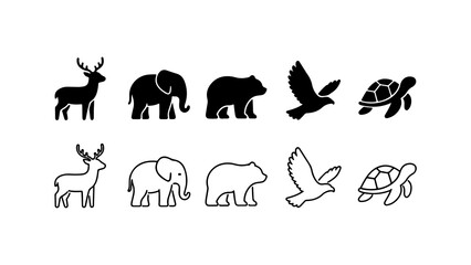 Fototapeta premium Wild Animal Icon Set in Silhouette and Outline Style Vector