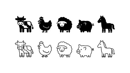 Obraz premium Farm Animal Icon Set in Silhouette and Outline Vector Style