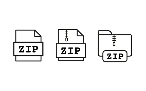 ZIP file outline icons set, vector illustration of compressed file and folder symbols with zipper design. Minimal line art style for digital storage, archive, and download concepts.