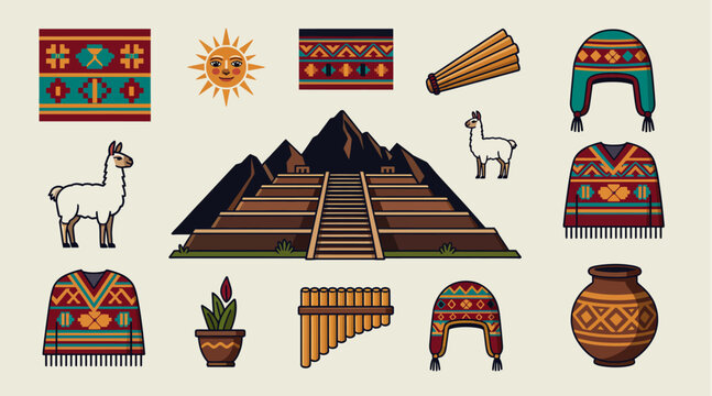 Peruvian Andes Icons: Machu Picchu, Llama, Sun, Panpipes, Textiles