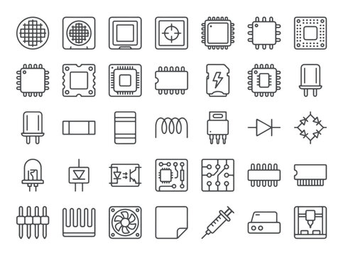 Microchip and semiconductor electronic components icon set with semiconductor