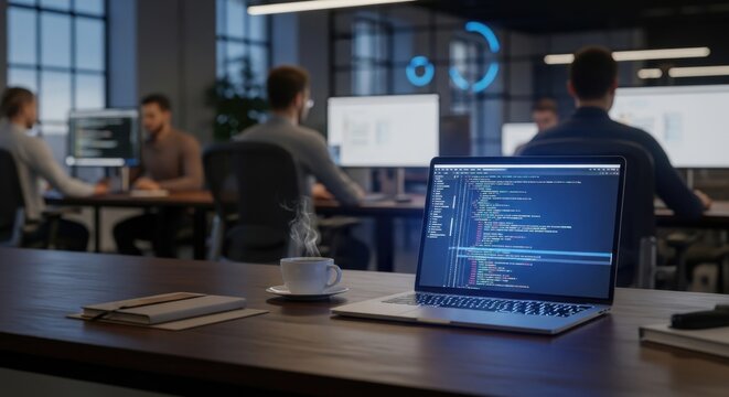 A laptop, coffee cup, and code editor screen with developers coding and programming software, with copy space, glowing screen lighting, and a modern tech workspace background.