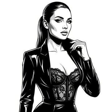 Black and White Ink Illustration of Glamorous Woman in Latex Jacket and Lace Corset &ndash; Noir Fashion Editorial Portrait