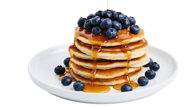 Stack of golden pancakes with fresh blueberries and dripping syrup, isolated on transparent background