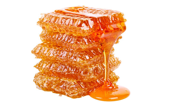 Stack of golden honeycomb dripping with sweet liquid honey, isolated on transparent background