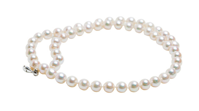 Delicate strand of lustrous white pearls with a silver clasp, isolated on transparent background