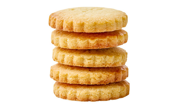 Stack of five golden round butter cookies with fluted edges, isolated on transparent background