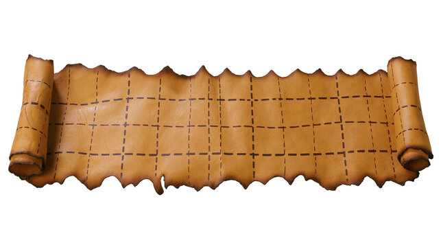 Unrolled aged leather scroll with grid lines, isolated on transparent background