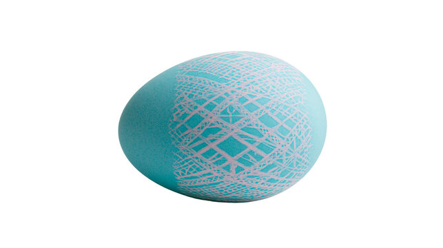 Turquoise Easter egg with intricate white lace pattern, isolated on transparent background