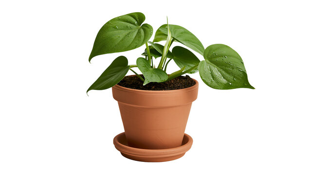 Heart-shaped green philodendron plant in a terracotta pot with saucer, isolated on transparent background