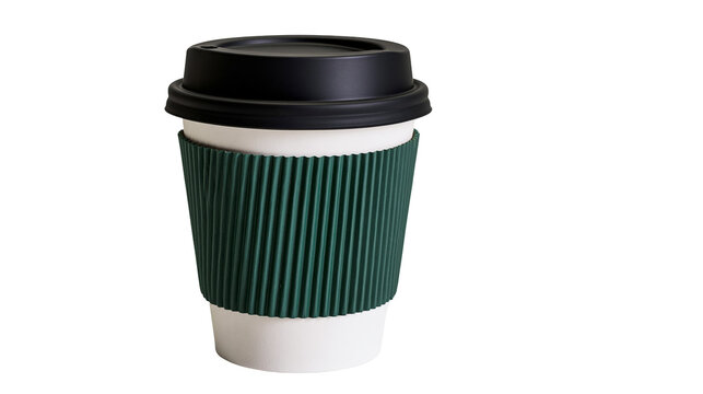 White paper coffee cup with black lid and green corrugated sleeve, isolated on transparent background