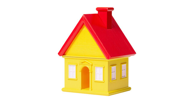 Bright yellow toy house with red roof and chimney, isolated on transparent background