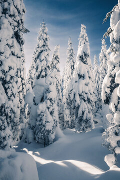 Gorgeous forest stretches out under a blue sky, and tall pine trees covered in fresh snow create a winter fairy tale. Merry Christmas, Happy new year.