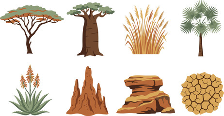 Set of African savanna landscape elements featuring trees, plants, termite mound, rocks, and dry soil © MdHasmot