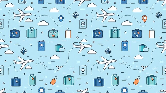 Seamless travel pattern featuring airplanes luggage and passports on blue background