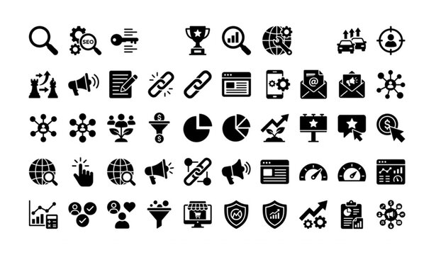 Simple Marketing SEO Glyph Icons for Analytics Search Engine Optimization and Online Business