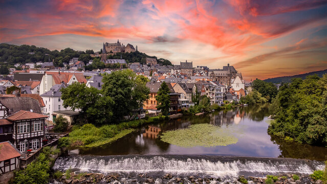 Sunset over Marburg with the Lahn River and Historic Old Town, Hesse, Germany