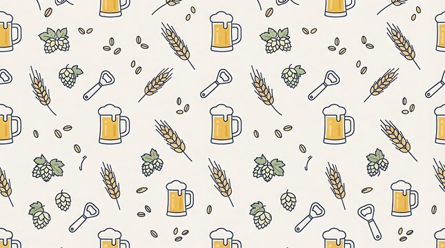 Hand drawn beer pattern with hops and golden wheat stalks