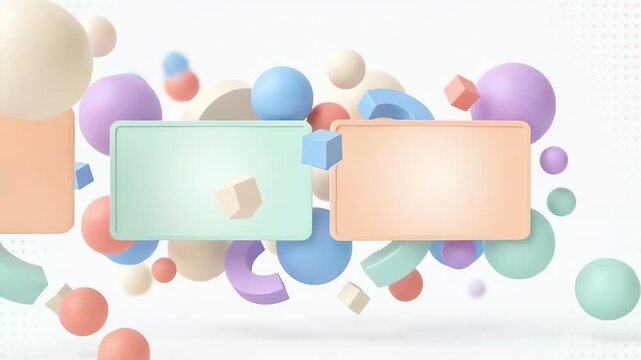 Floating pastel geometric shapes orbiting rotating frames in 3d space