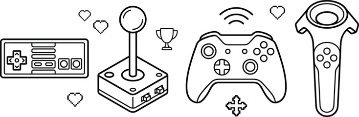 Video Game Controller and Retro Joystick Line Icon Set with Wireless Gamepad Virtual Reality Motion Wand and Pixel Hearts for Gaming Studio Interface Designs © PUTUL