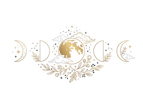 Golden moon phases illustration with delicate floral branches and stars