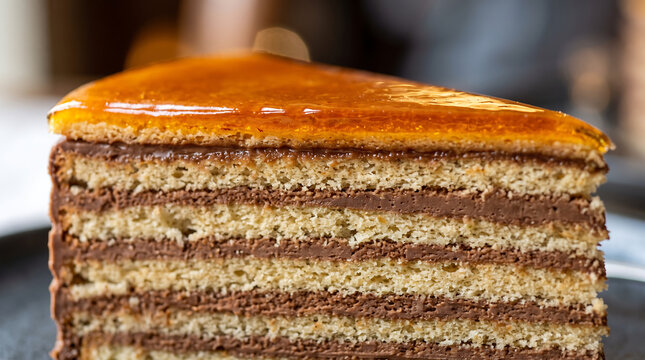 A slice of Hungarian Dobos torte showing layered sponge cake with chocolate buttercream and caramel top