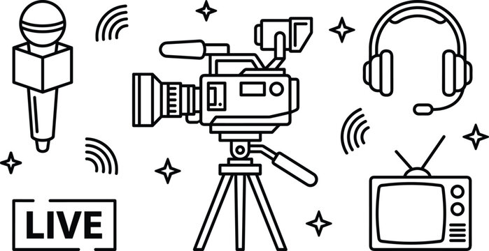 Live Broadcasting and Journalism Line Icon Set with Video Camera Microphone Headphones Television and Stream Elements for Media News Studio Production Designs