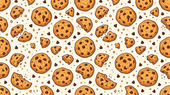 Delicious chocolate chip cookies scattered across a light beige background