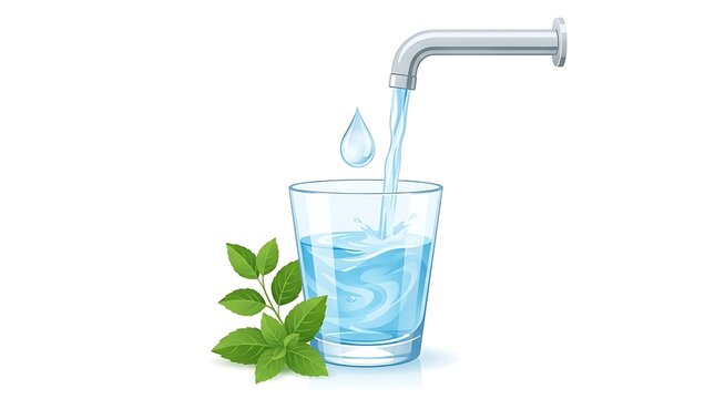 Fresh water pouring from a metal faucet into clear glass