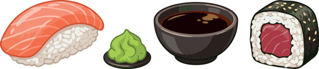 Japanese Cuisine Sushi Vector Set Featuring Salmon Nigiri, Green Wasabi Paste, Soy Sauce Bowl, and Tuna Maki Roll with Sesame Seeds Icons © EdGe Creative
