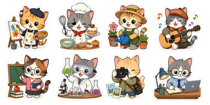 Kawaii cat profession stickers, set of 8 cute kitten characters in various career roles, adorable animal hobby and job illustrations on white background