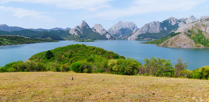 Riano reservoir and mountains in Leon Spain