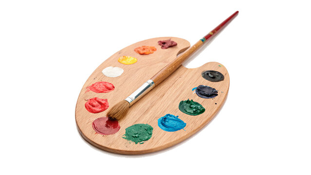 Wooden art palette with colorful paints and paintbrush isolated on transparent background Png cut out