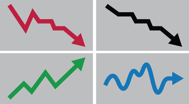 Financial Market Trend Arrow Chart Icon Set Showing Economic Growth Recession Recovery Fluctuations and Business Statistics Report Data Visualization