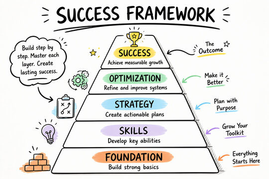 A diagram illustrates a Success Framework built in layers from Foundation to Optimization leading to Success.