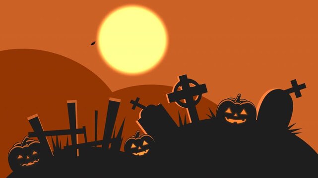  4k 60fps cartoon animation of halloween spooky graveyard background with jack o lanterns silhouette, seamless loop.