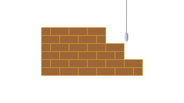 A hammer hangs on a wall with brick steps