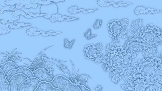 Monochromatic East Asian-style painting background illustration. Background for postcards and cards. Korean-style painting. Background featuring flowers, clouds, and cranes, chrysanthemum