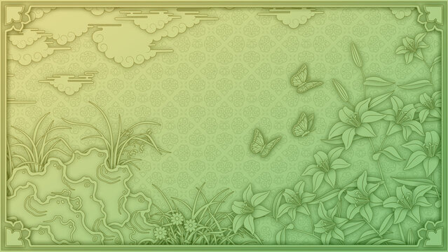 Monochromatic East Asian-style painting background illustration. Background for postcards and cards. Korean-style painting. Background featuring flowers, clouds, and cranes, Daffodils and butterflies