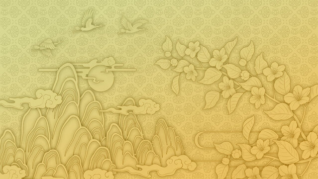 Monochromatic East Asian-style painting background illustration. Background for postcards and cards. Korean-style painting. Background featuring flowers, clouds, and cranes, Plum blossom